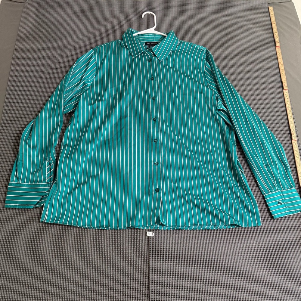 JNY Jones New York Womens XL Teal Green White Striped Button Down Shirt